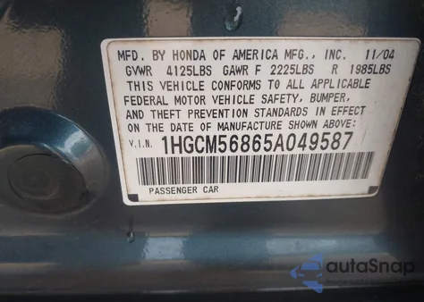 2005 Honda Accord Ex z USA, uszkodzony, nr VIN 1HGCM56865A049587